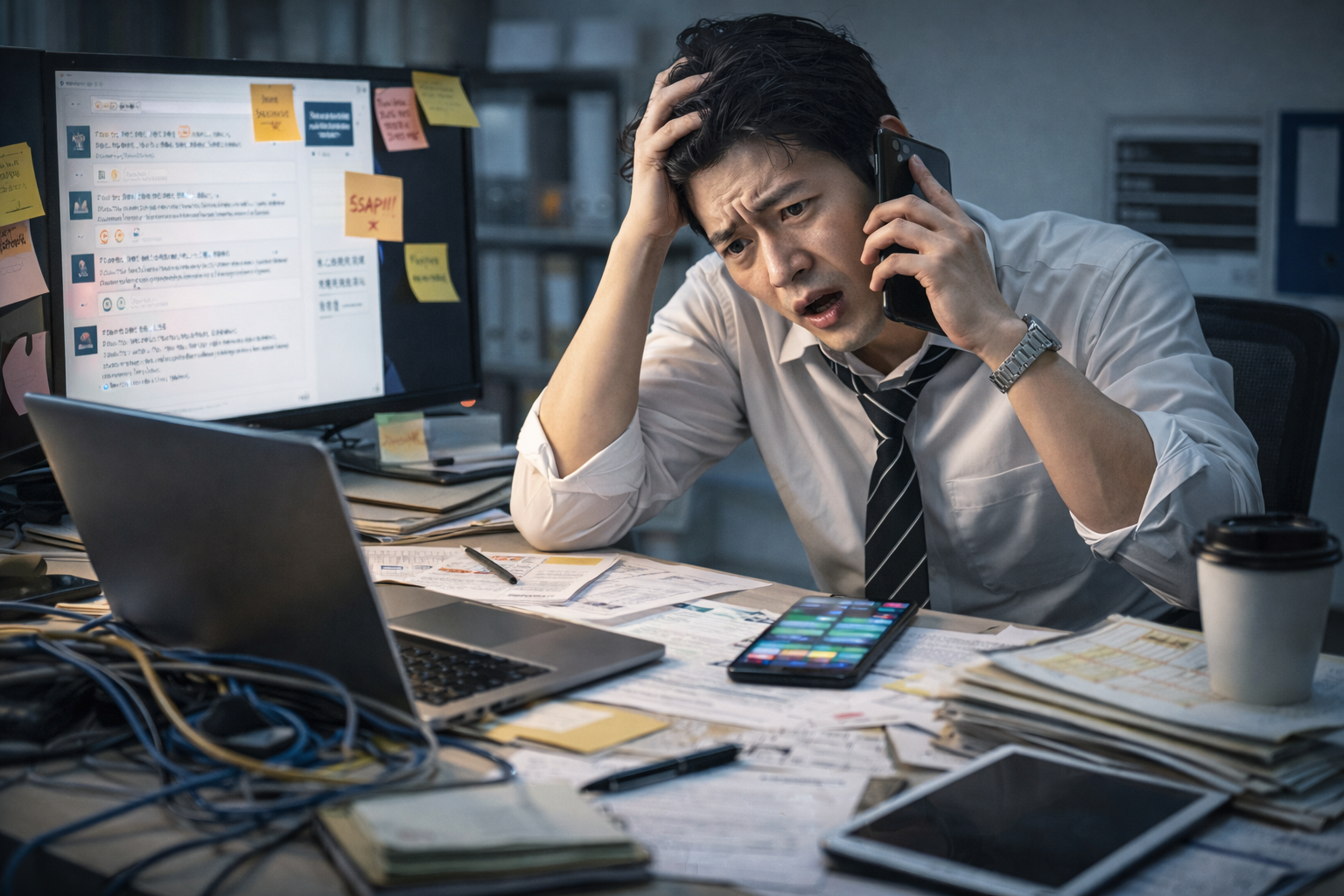 頭を抱える情シス担当者の便利屋状態を表したイメージ